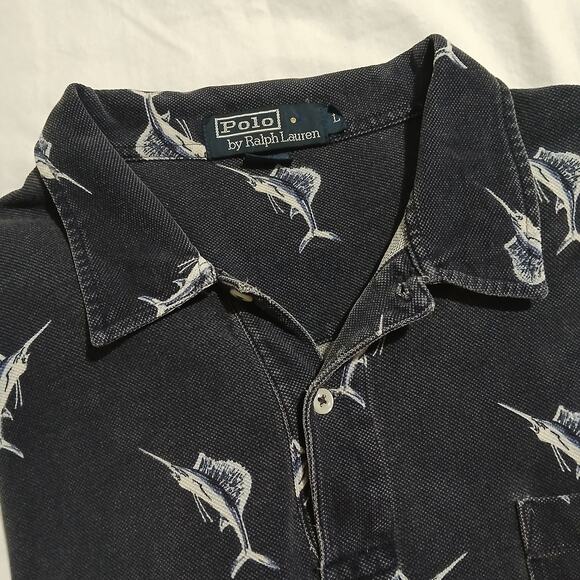 VTG POLO by Ralph Lauren large Navy Blue 100% cotton SAILFISH polo short-sleeved - Picture 1 of 12